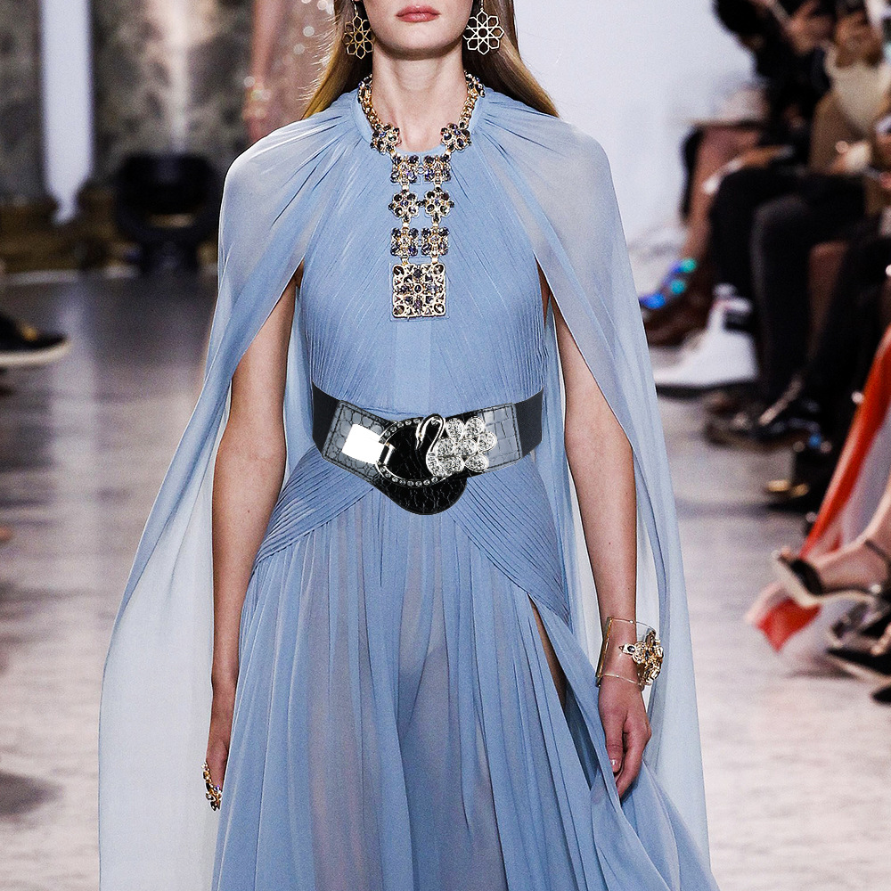 Cintura larga elastica nera alla moda da donna con decorazioni di diamanti, vestito, cappotto, chiusura in vita, strass, ragazza alla moda e paffuta_voghion.com