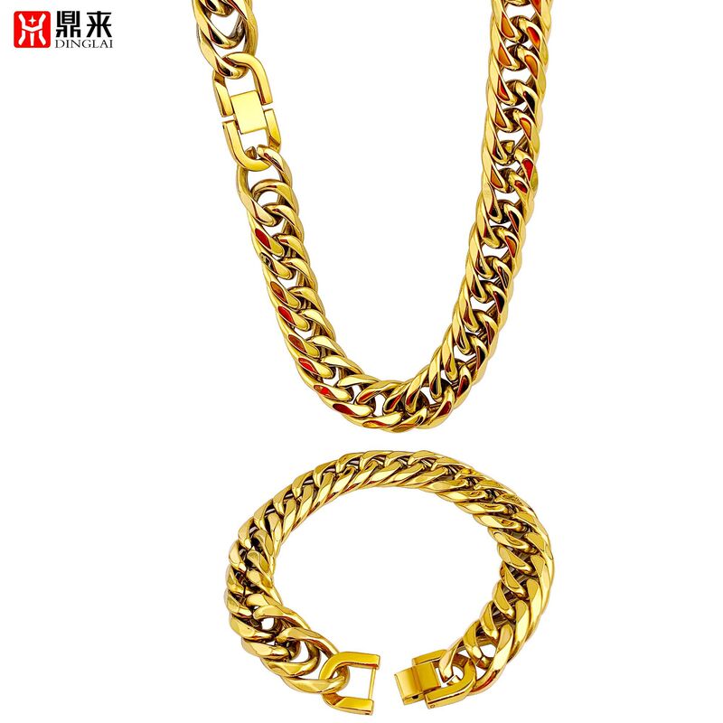 European and American Thick Gold Necklace Hip Hop Men's Double Buckle Cuban Chain Stainless Steel Double Woven Six-sided Milled Jewelry Buckle Bracelet
