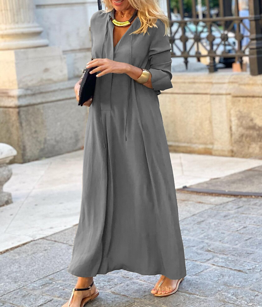 large swing lapel long sleeve v neck loose solid color shirt dress NSMVS139807