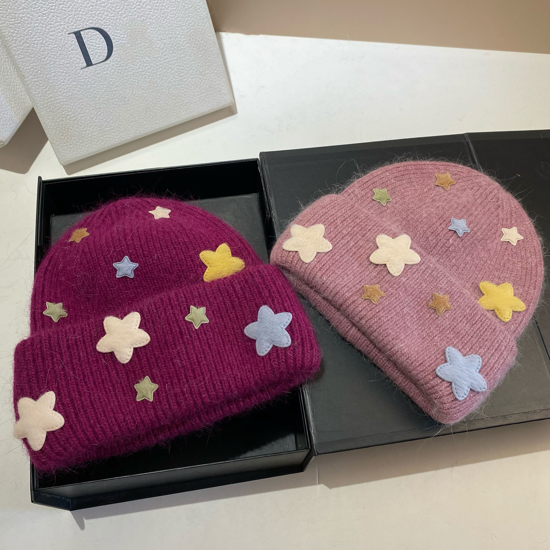 Gorro beanie de punto para mujer de pelo de conejo invierno_voghion.com