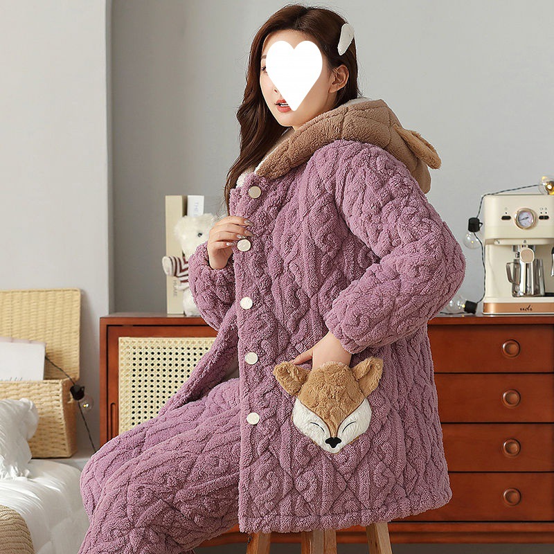 睡衣女冬季三层加厚珊瑚绒夹棉加绒加厚保暖女士法兰绒家居服套装