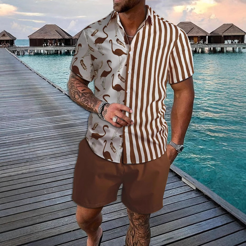 New Amazon Independent Station Trendy 3D Print Hawaii Cross-border Shirt and Shorts Set for Men