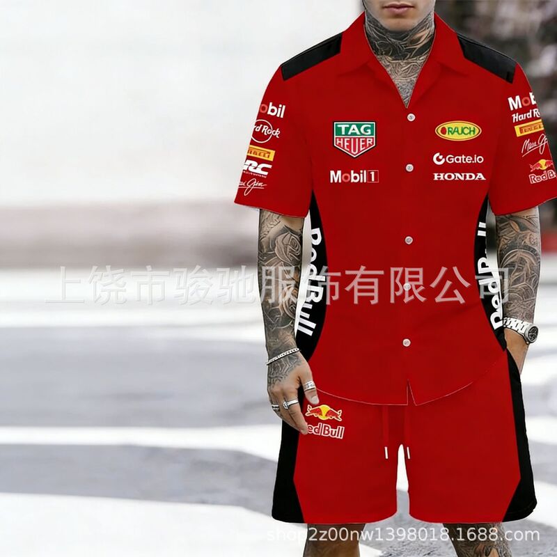 Ferrari F1 Team's Same Style Red Short-Sleeved Shirt and Shorts Set, Men's Casual Sports Racing Suit