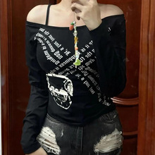 跨境新款春季设计感字母印花长袖T恤辣妹潮人休闲露肩百搭上衣