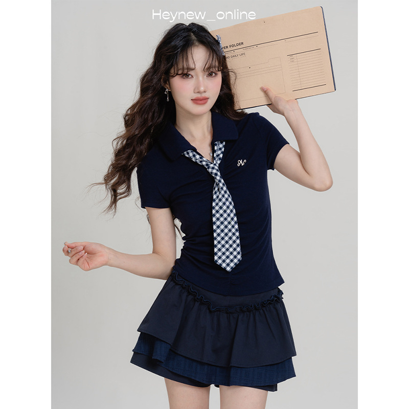 LOVEHEYNEW藏青色减龄T恤半身裙女夏季学院风韩里韩气两件套装裙|undefined