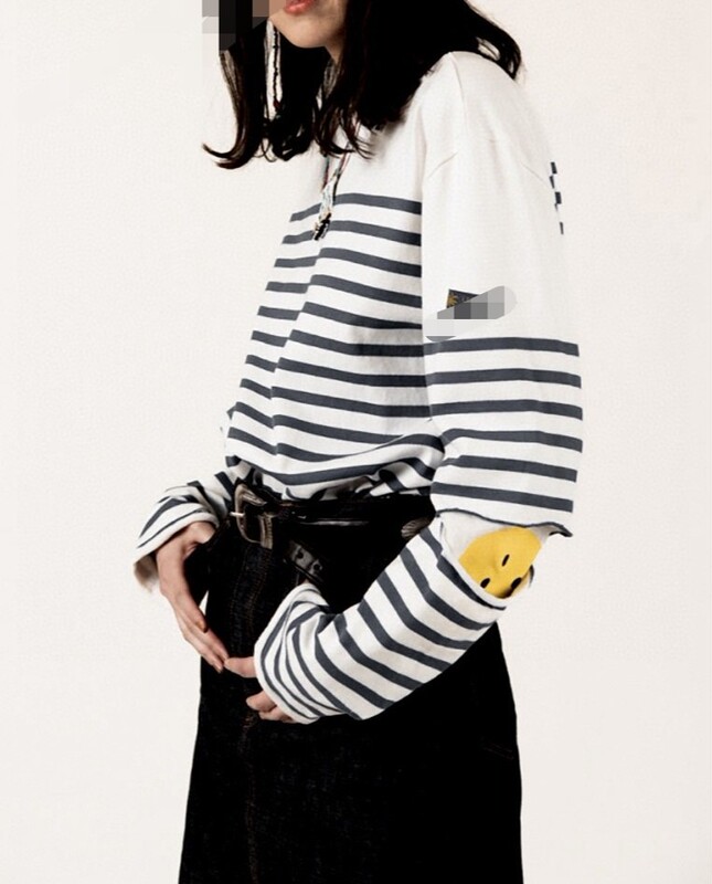 Japanese Niche Ctrl C Atm Pure Cotton Stripe Stitching Elbow Smiley Healing Crewneck Long Sleeve T-shirt