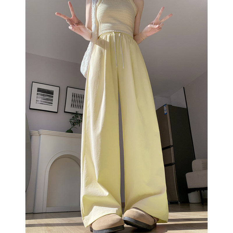 Yellow Ice Silk Pants for Women, New Spring Style, High-Waisted, Slimming, Casual Straight-Leg, Drapey Wide-Leg Pants for Petite Figures