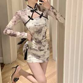 秋季御姐风扎染褶皱镂空盘扣连衣裙女紧身收腰包臀改良旗袍超短裙