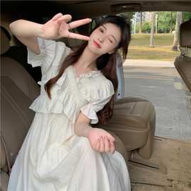 【有内衬】雪纺连衣裙女装夏季新款设计感交叉V领温柔风短袖长裙