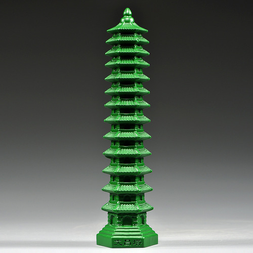 Green Wood Carved 13-Layer Wenchang Tower Ornament, Wood Wenchang Tower with 13 Layers, Home Living Room Office Decor