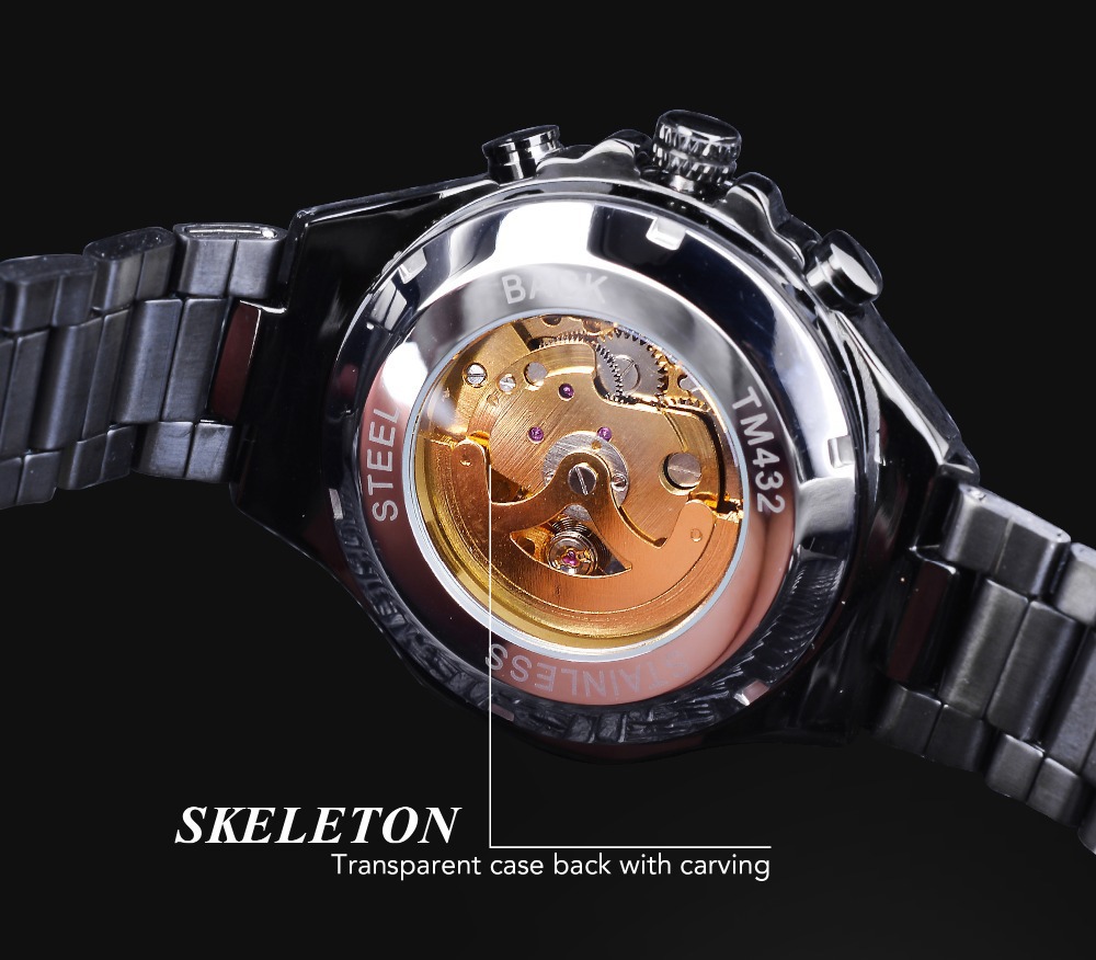 Men's Automatic Skeleton Watch Gold Tone Mechanical Wristwatch_voghion.com