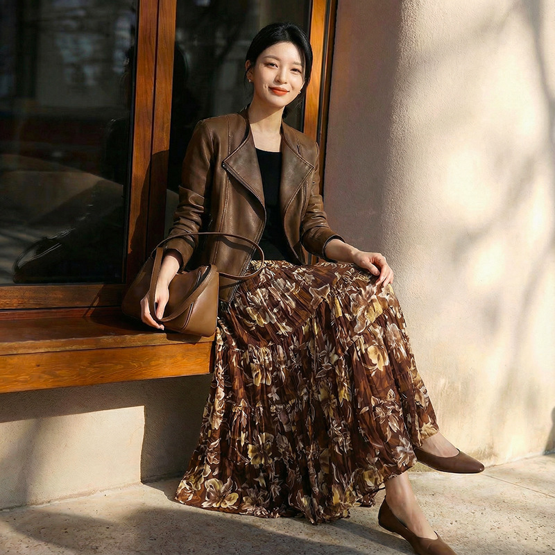 Wizard of oz Floral Pleated Retro Print Skirt, High-Waisted Versatile Slimming Ruched Chiffon A-Line Skirt