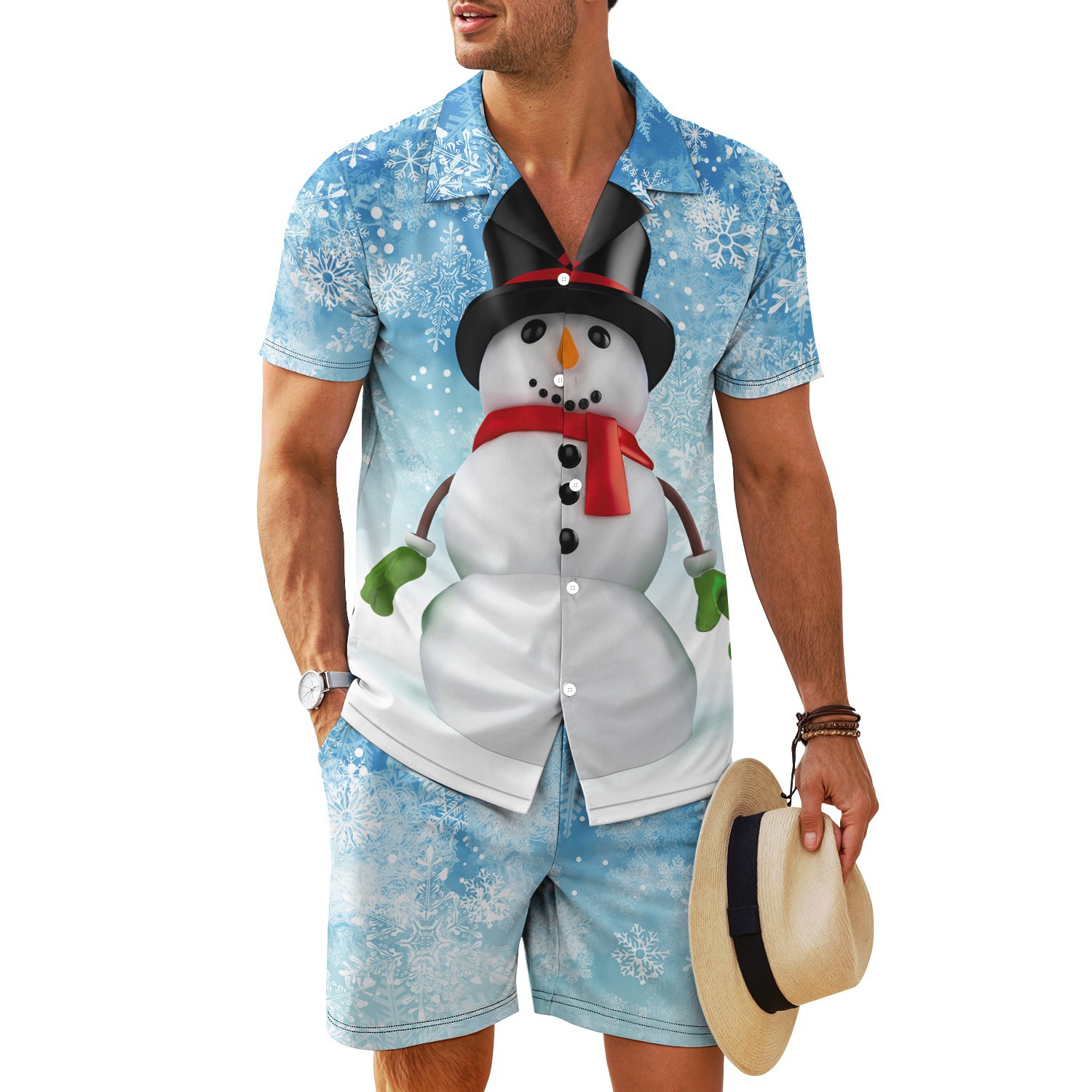 Transfronterizo 2025 nuevo estilo Amazon europeo y americano patrón de nieve cuello cubano camisa de manga corta pantalones cortos traje MB34 MA04