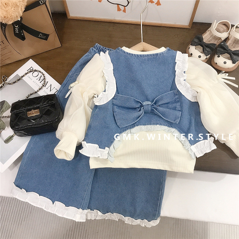 女童春秋季新款洋气花边牛仔套装女宝宝可爱潮流时尚三件套潮外贸|undefined