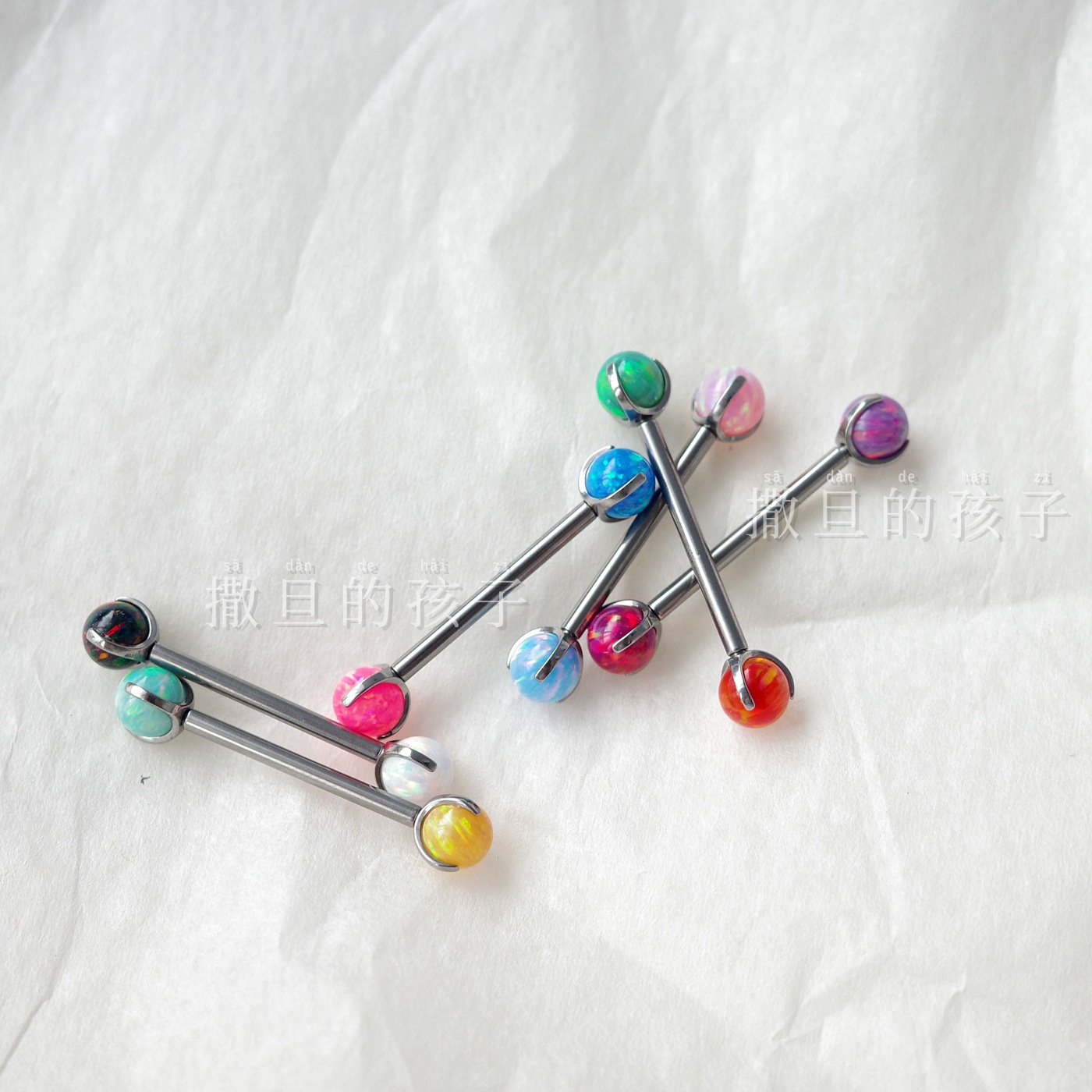 F136 Titanium Alloy Tongue Piercing, Double Opal Titanium Alloy Internally Threaded Tongue Barbell, Three Prong Opal Ball Tongue Ring detail image 9