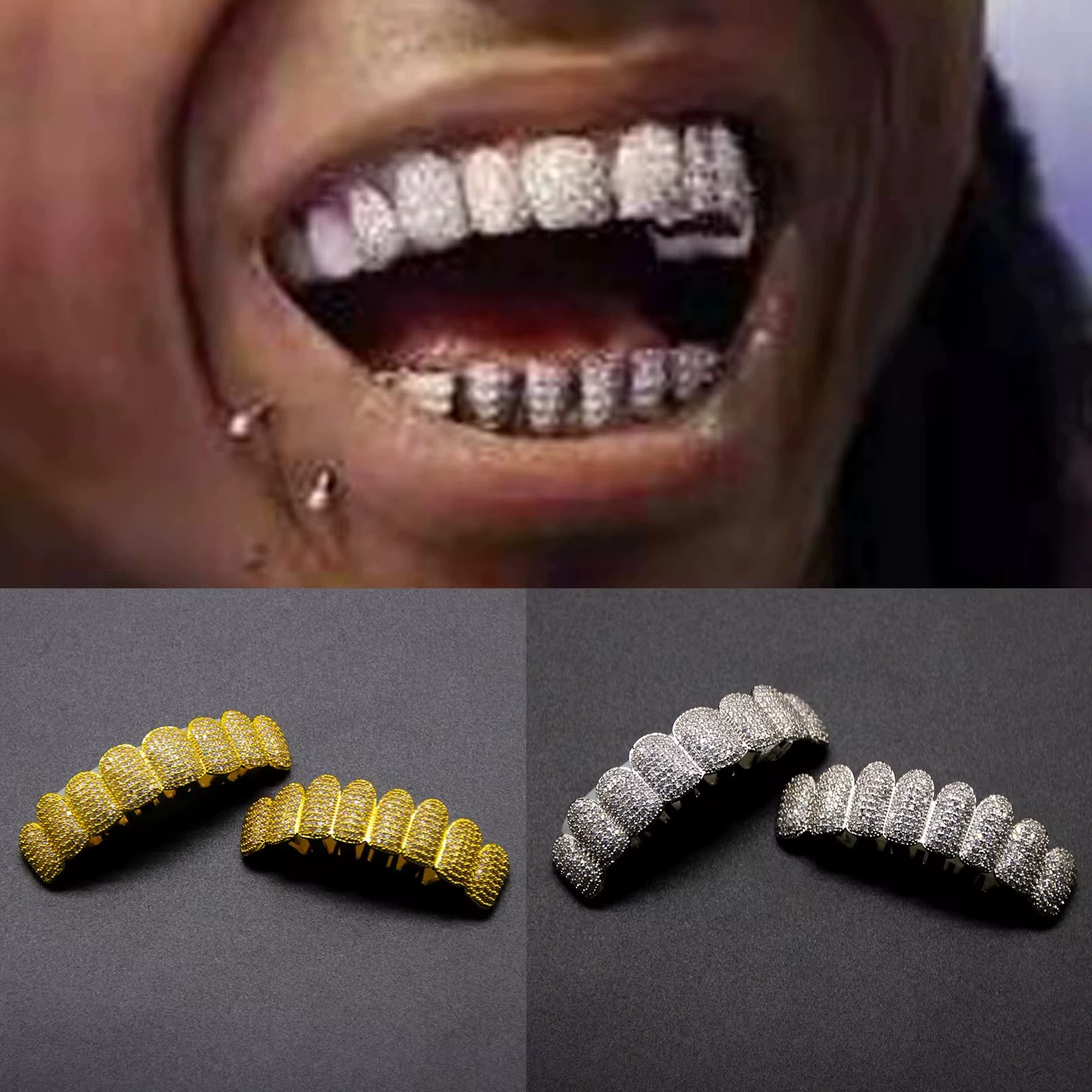 Хит продаж супер вспышка микрор-сапар медь циркон золотые брекеты Grillz кросс-граница оптовая прохладный мужской модный хип-хоп рэп