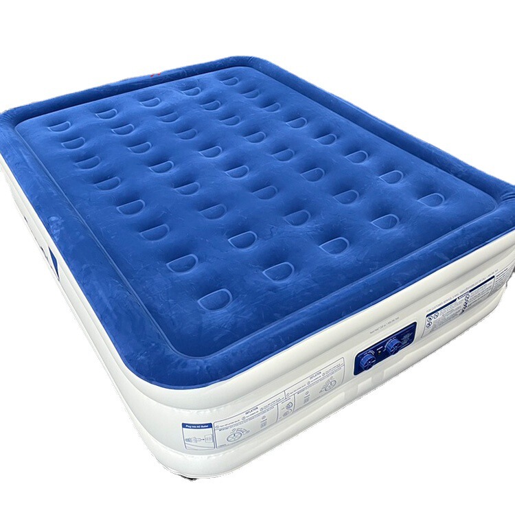 Factory Customized 18inch Built-In Electric Pump Double High Bed Blue and White Flocked Pvc Air Mattress
