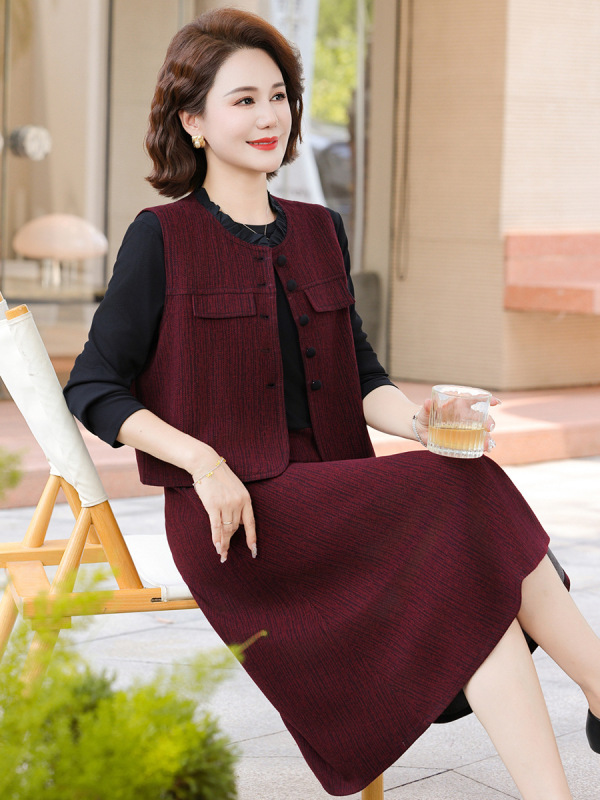 妈妈洋气质套装裙子2025秋季显瘦马甲外套婚礼连衣裙喜婆婆两件套|undefined