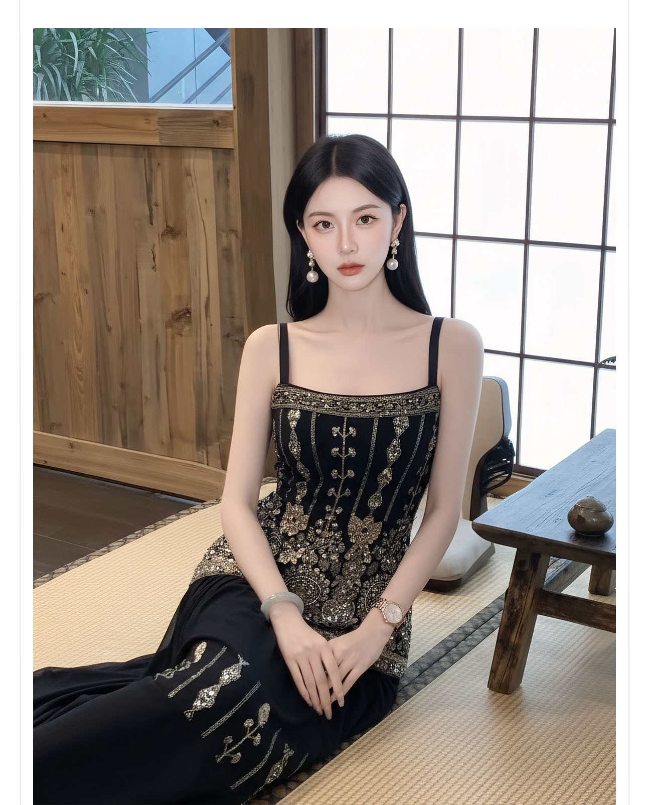 Đầm maxi nữ thắt eo phong cách tân cổ điển đính kết cườm thêu hoa — màu đen chi tiết 2