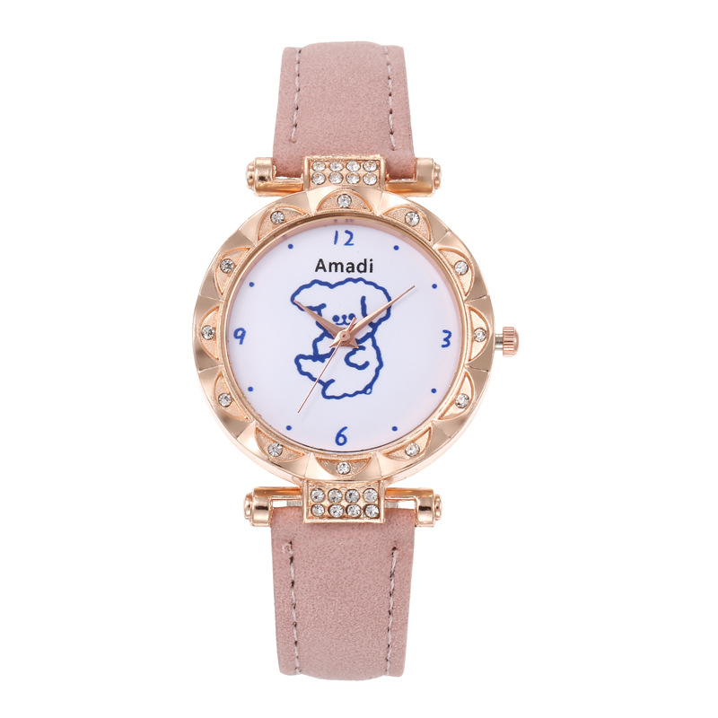 Orologio selezionato 2024 minimalista e carino piccolo orso, set di due pezzi di bracciali a stella per orologi da donna, pelle smerigliata per orologi al quarzo da donna_voghion.com