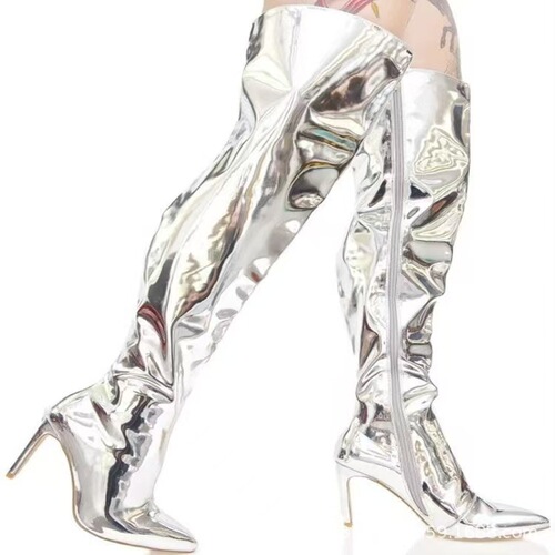Club super high heels, fine heels, pointed toes, sexy mirror patent leather, women's over-the-knee boots, runway boots, large size High heels