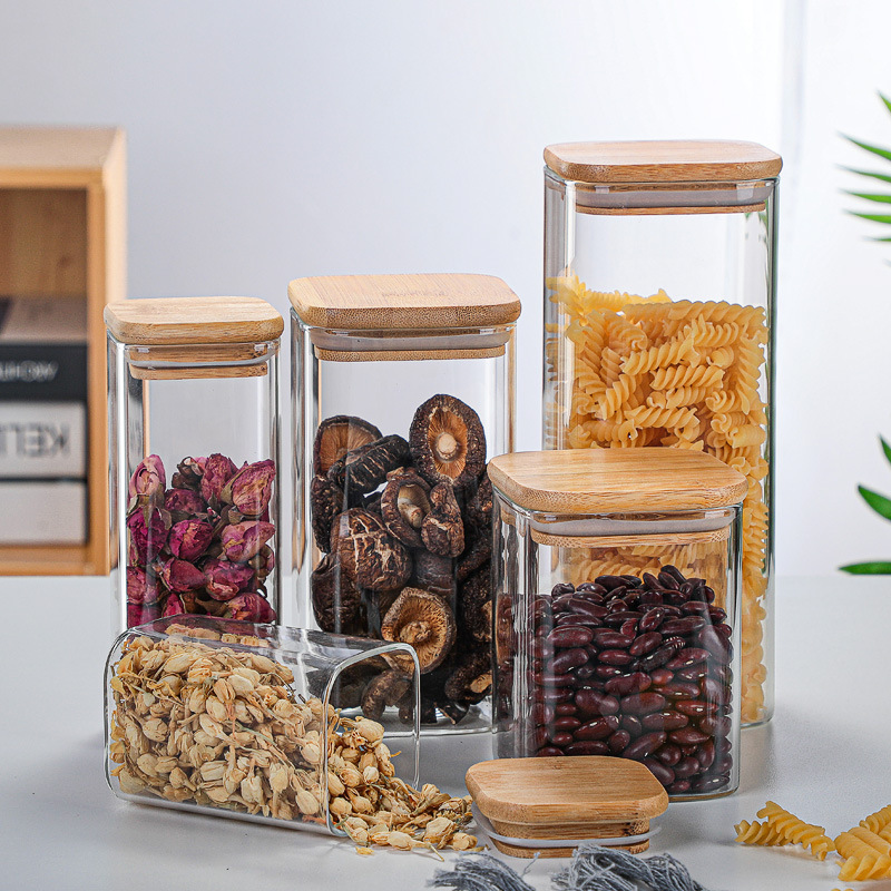 tanque de almacenamiento de vidrio de alto borosilicato de cocina de alta calidad té cereales dulces de bambú cubierta de madera sellado tanque de almacenamiento cuadrado