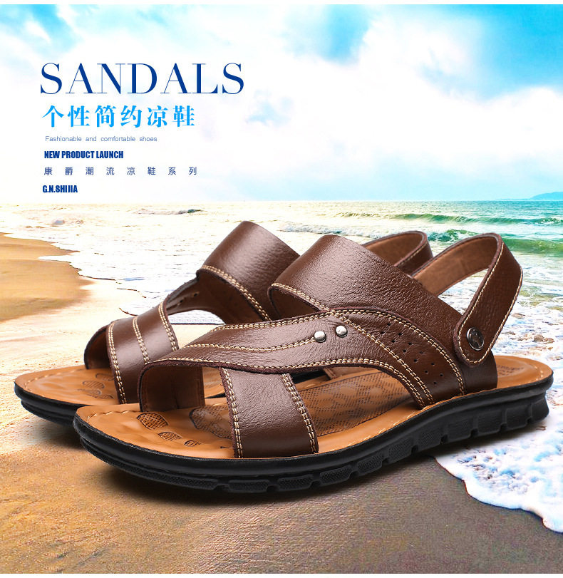 Dép sandal nam da bò thật hở ngón, quai ngang co giãn, đế PU chống trượt thoáng khí đi biển — 10135 đế dày màu nâu, 10135 đế dày màu đen, 12129 màu đen, 12129 vàng nâu chi tiết 5