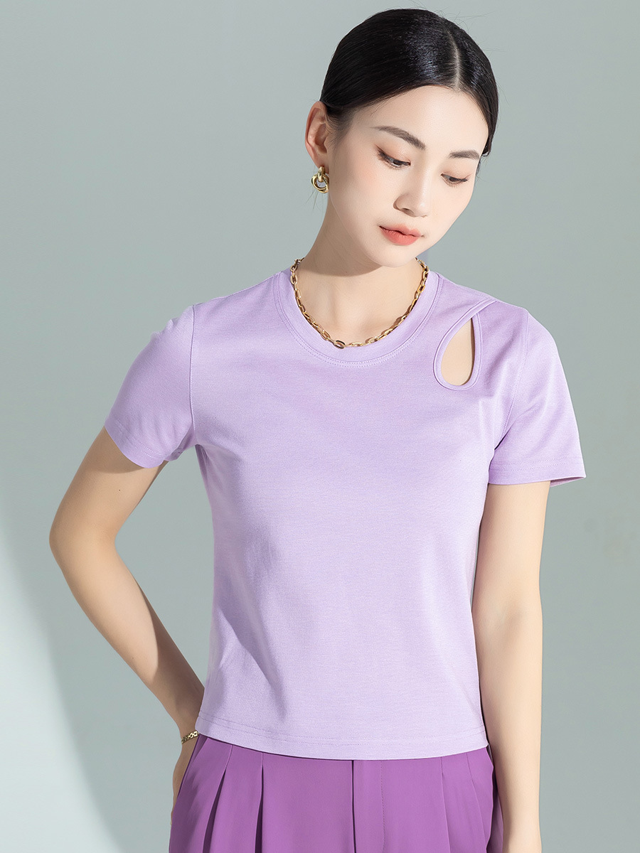 Áo thun nữ tay ngắn thiết kế khoét vai, chất liệu dệt kim acetate Tencel ôm dáng — Màu tím