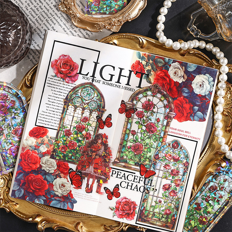 Ventana de color transparente pegatinas impermeables para mascotas paquete diy láser pegatinas decorativas de bordes de oro pegatinas de ventana de flores retro