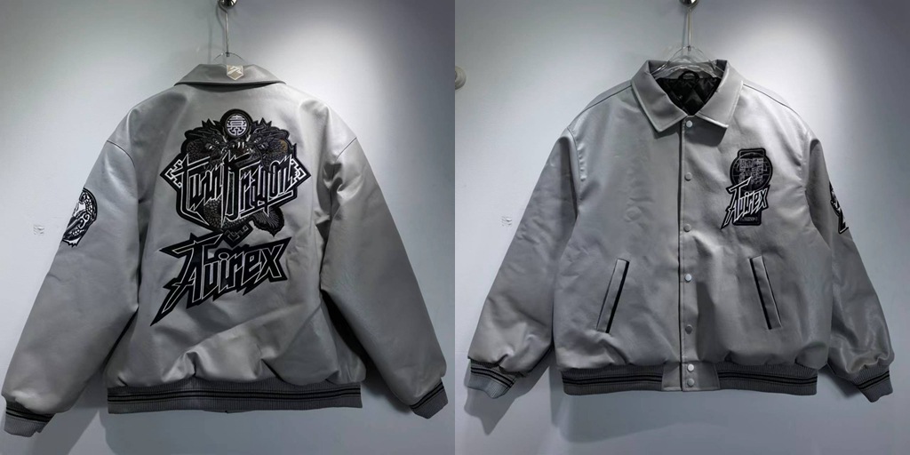 Avirex Twin Dragon Leather Bomber Jacket Grey