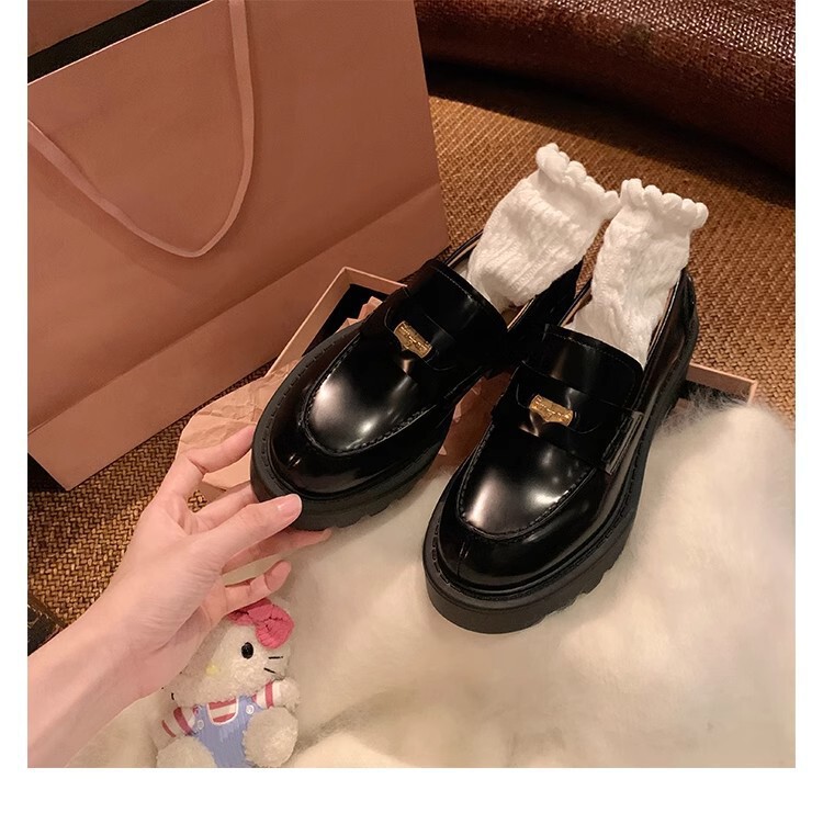 现货秒发！葡萄妈同款小金币圆头皮鞋粗跟厚底单鞋一脚蹬乐福鞋女|undefined
