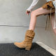 Genuine Cow Anti-Leather Maillard Boots Women's Brown Pleated Heap Boots Western Cowboy Boots Mid-Boots Martin Boots