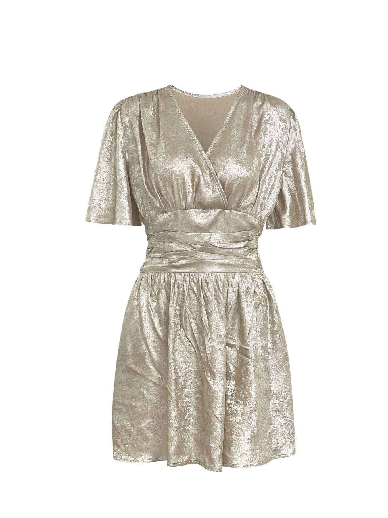 Metallic Solid Color V neck Ruffle Sleeve Smocking Dress 9 Metallic Solid Color V Neck Ruffle Sleeve Smocking Dress