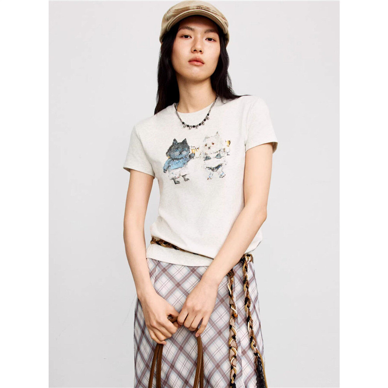 Mai* Furry Monster Series Cute and Healing Cat Slim Fit Short Sleeve T-Shirt 26 Spring/Summer New Model 4H4902021