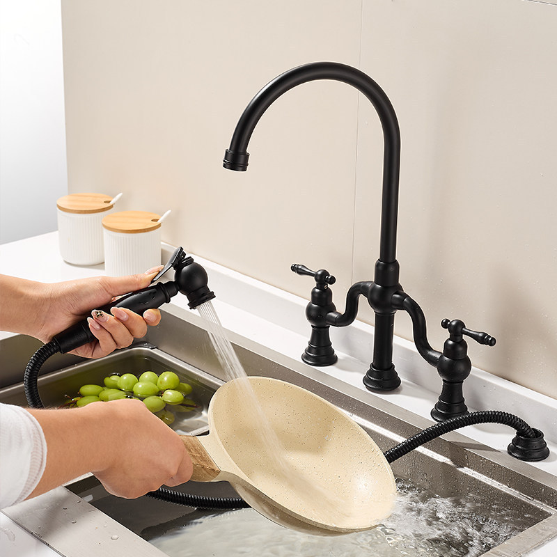 American-style all-copper high-end black kitchen faucet with pull-out spray gun, four-hole hot and cold multifunctional kitchen faucet American-style all-copper high-end black kitchen faucet with pull-out spray gun, four-hole hot and cold multifunctional kitchen faucet