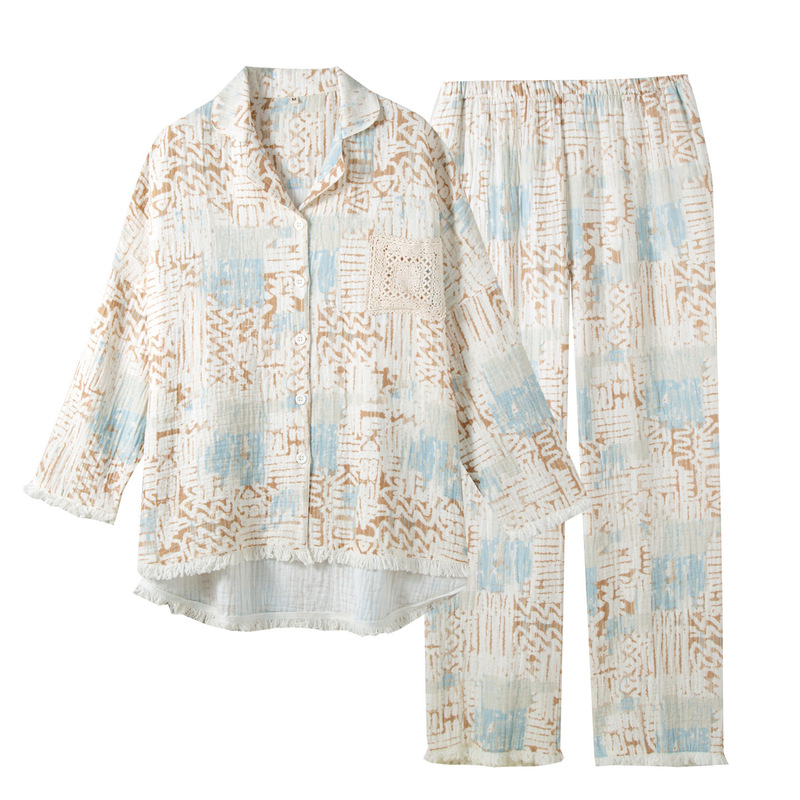 Cotton Lapel Pajama Set for Women, Thin Long-Sleeved Long Pants Cardigan, Double-Layer Crepe, Soft Casual Loungewear for All Seasons Cotton Lapel Pajama Set for Women, Thin Long-Sleeved Long Pants Cardigan, Double-Layer Crepe, Soft Casual Loungewear for All Seasons