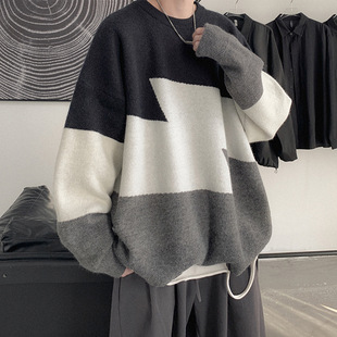 Autumn and Winter Thick Men's Fashionable ins Hong Kong Style Contrast Color Thickened Sweater Men's Korean Style Fashionable Stitching Knitwear Jacket