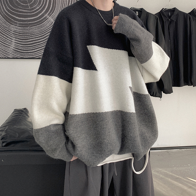 Autumn and winter thick fashion Instagram contrasting color thickened men's Korean version trend patchwork knitted_voghion.com