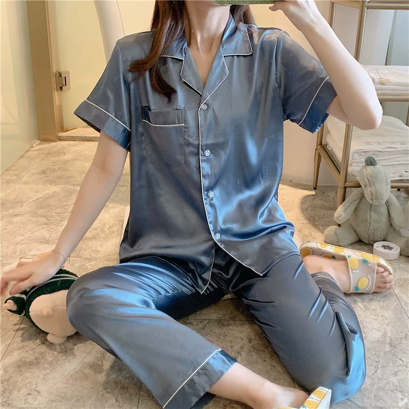 Pajama set women, simulated silk long-sleeve with cardigan, Korean style, autumn