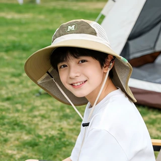 时尚夏季儿童渔夫帽夏季大檐披肩款字母侧网透气男女童遮阳防晒帽