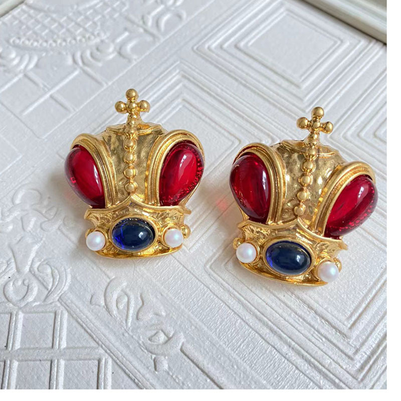Retro Crown Alloy Plating Artificial Gemstones Women's Ear Studs 1 Pair display picture 3