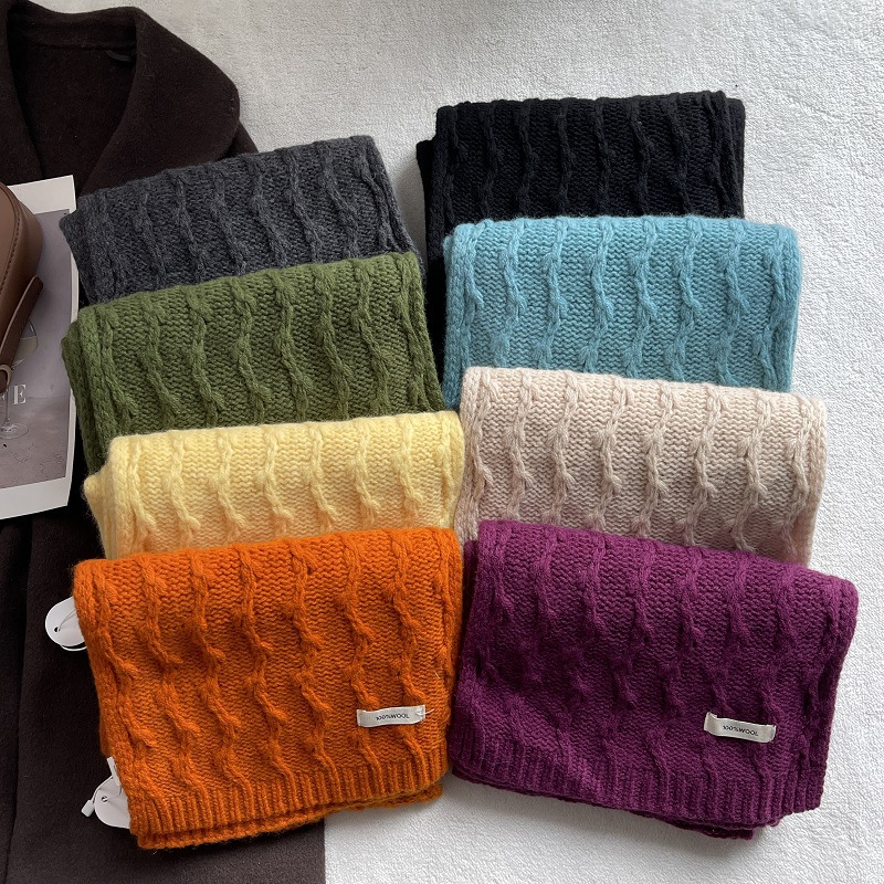 Solid color winter retro knitted keep warm scarf