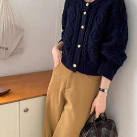 复古麻花羊毛开衫女秋冬25新款宽松减龄百搭软糯纯色针织外套开衫