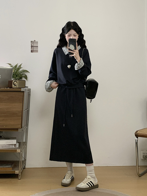 爱依轩 灰色假两件卫衣半身裙两件套女秋冬显瘦遮肉休闲裙子套装|undefined
