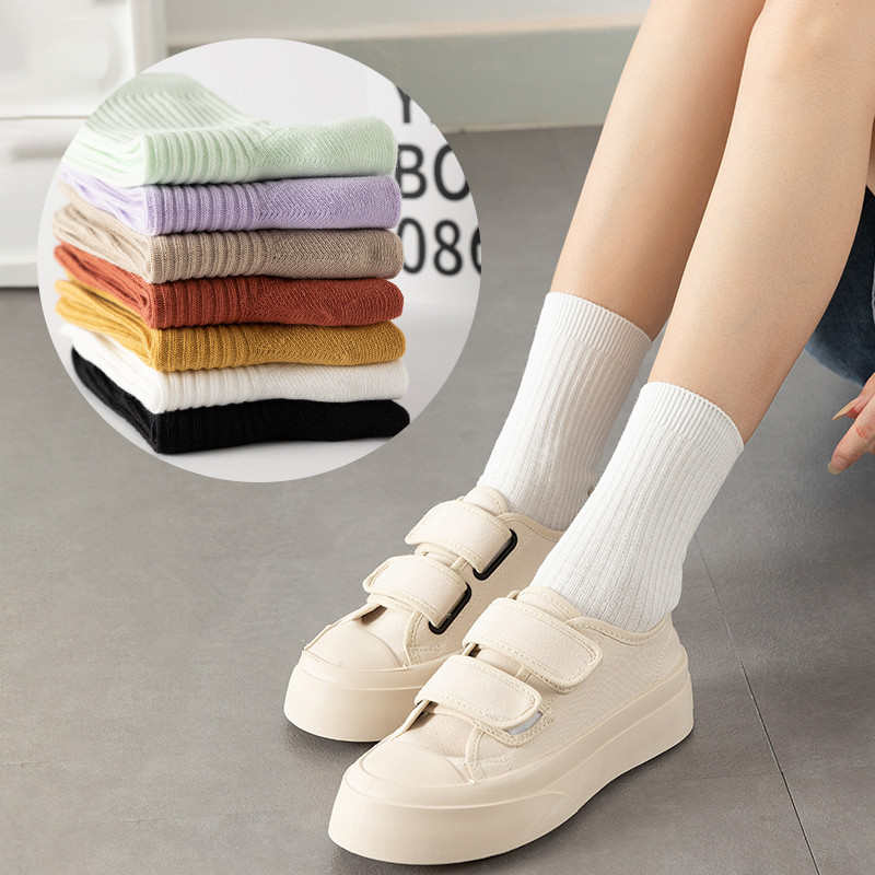 Otoño e invierno calcetines de aguja doble a rayas verticales algodón Mediados de la pantorrilla de color sólido de algodón peinado cordón cálido transpirable calcetines de algodón absorbentes de sudor