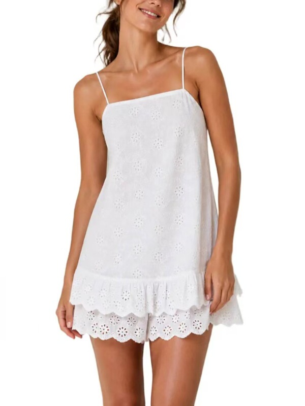 Women's summer new style suspender jumpsuit with hollow lace shorts, pajamas, home wear, European and American style, available in white, green, and pink