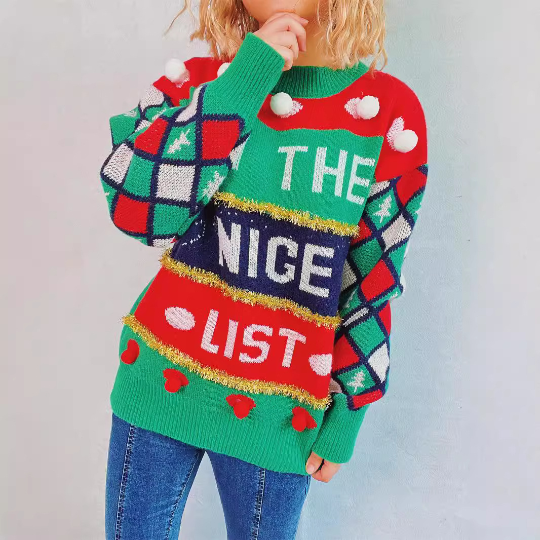 Damenbekleidung Buchstaben-Jacquard-Pullover mit goldener Linie, gestreift, lockerer Rundhalspullover, Weihnachtspullover_voghion.com