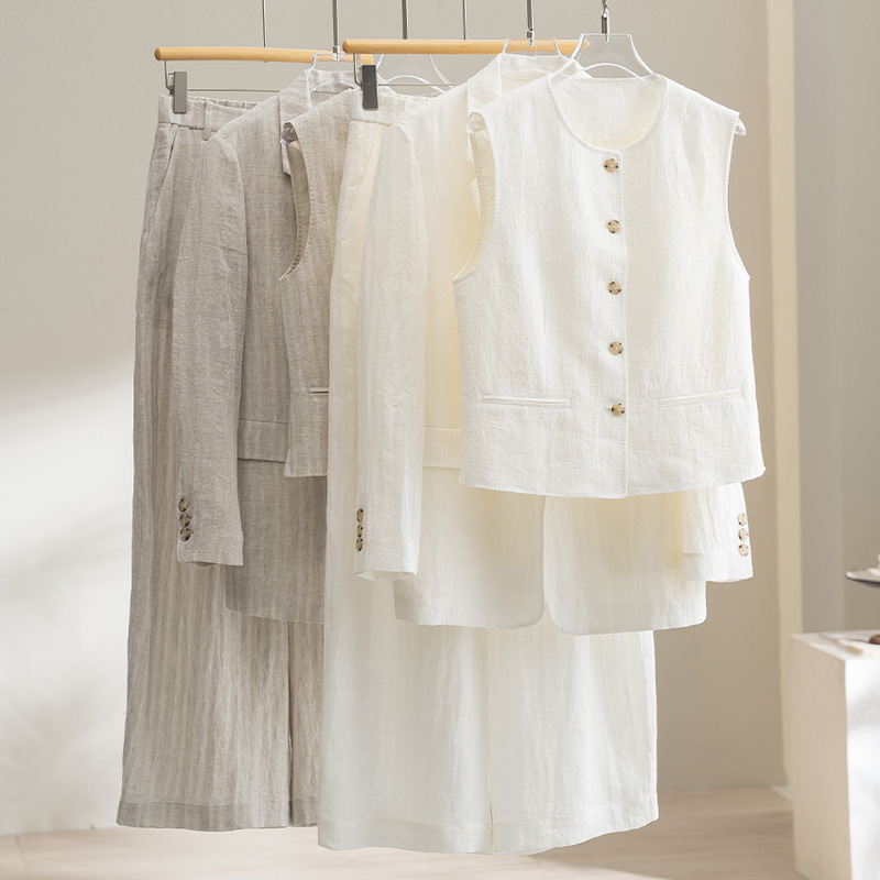 Linen Suit Three-Piece Set, Vest, Breathable Loose Top, Elastic Waist Wide-Leg Pants, Women's Spring and Summer Suit Linen Suit Three-Piece Set, Vest, Breathable Loose Top, Elastic Waist Wide-Leg Pants, Women's Spring and Summer Suit