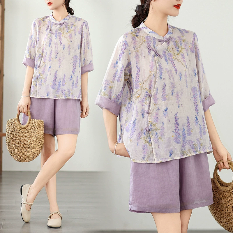 Новый костюм в китайском стиле, рубашка с рукавами три четверти в китайском стиле с цветочным принтом и пуговицами, женская рубашка из рами в стиле дзен