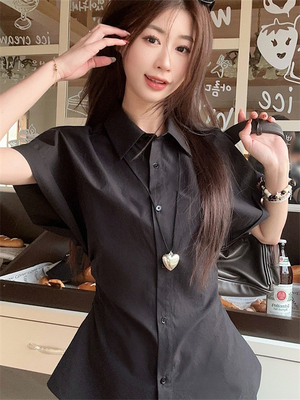 白色短袖POLO领衬衫女装夏季设计感收腰显瘦衬衣简约百搭开衫上衣|undefined